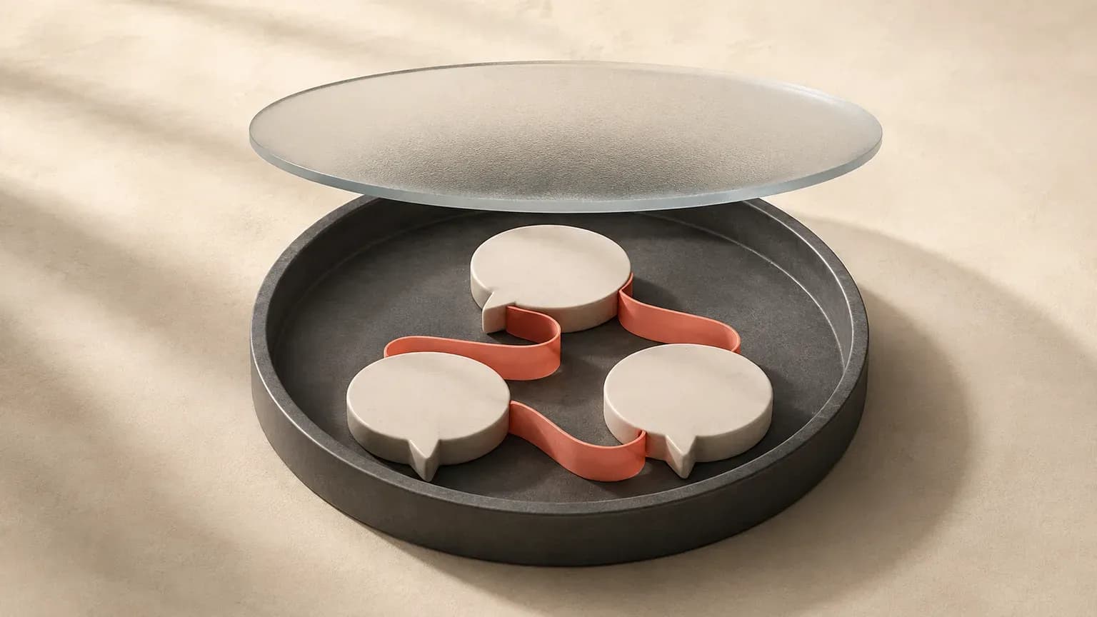Three connected messages sit inside a graphite tray under a glass cover.